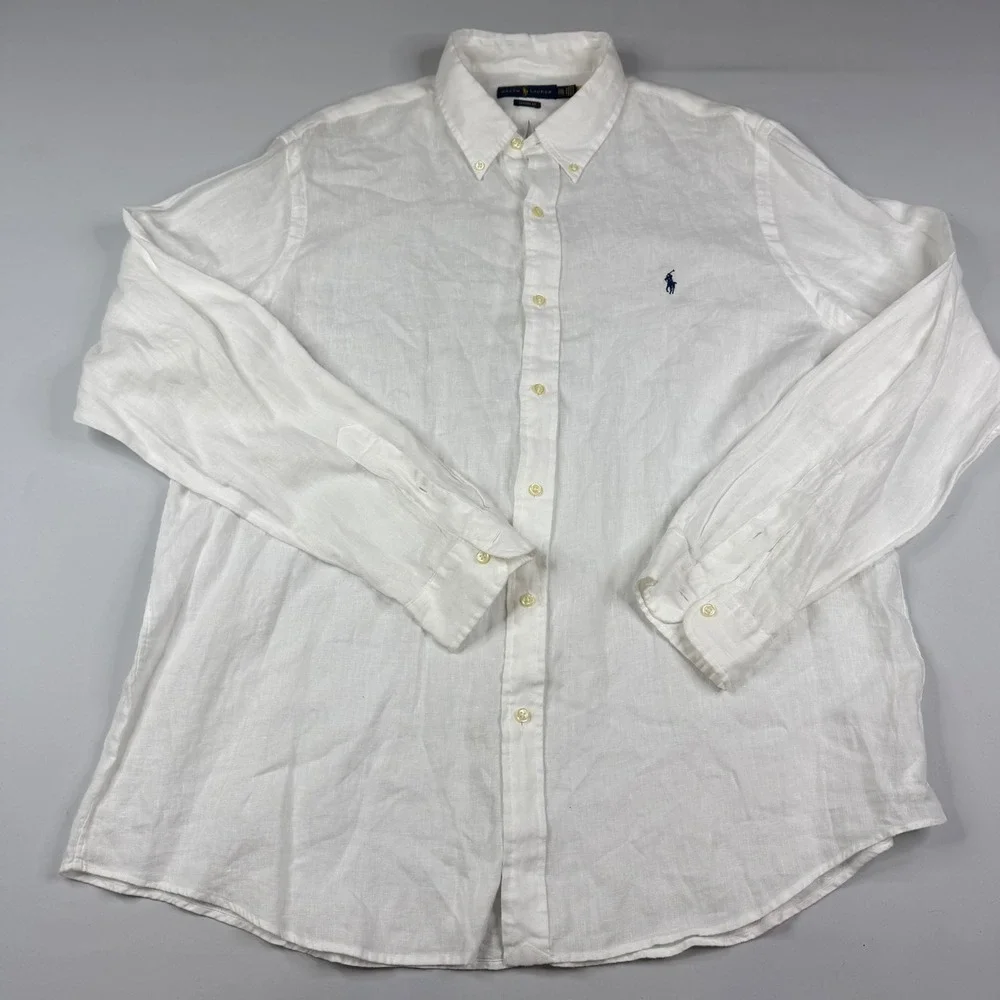 Polo Ralph Lauren Button Down Mens 2XL White 100% Linen Classic Fit Long Sleeve